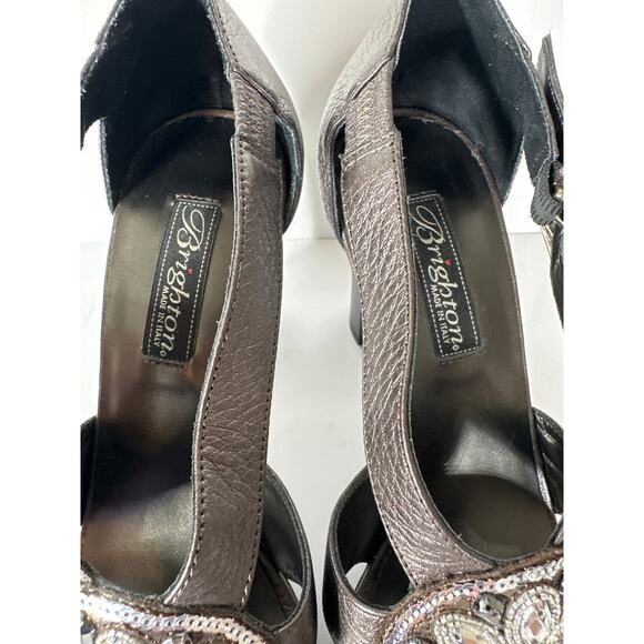 Brighton Viva Metallic Bronze Leather Heels Open Toe Dress Shoes Sz 10 Straps - Picture 8 of 12